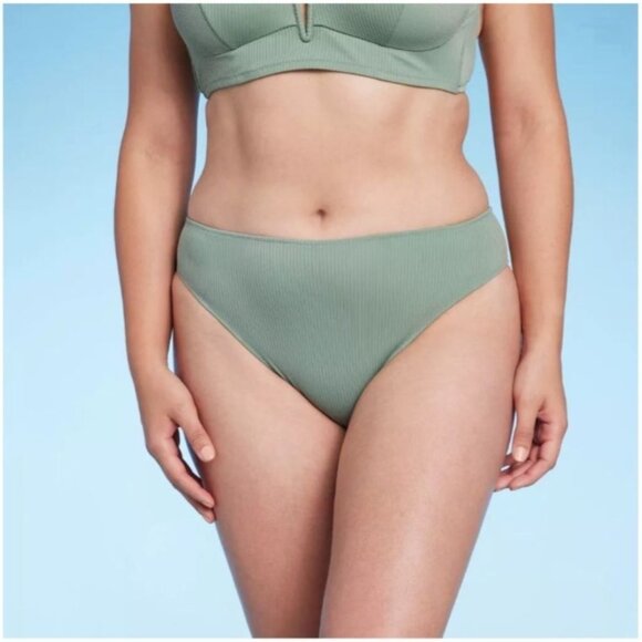SHADE & SHORE RIBBED BIKINI BOTTOM MID RISE HIPSTER SAGE GREEN WOMEN'S XL NWT - Picture 1 of 4